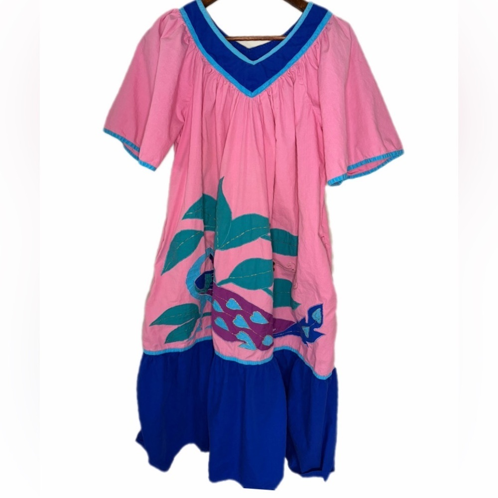Vintage Go Softly Pink Graphic Peacock Dress Retro Casual House Dress M